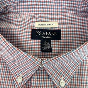 Jos A Bank Traveler Big Tall Dress Shirt 20 - 34/35 Traditional Fit Plaid Check